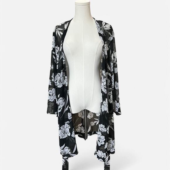 VTG Y2K Secret Treasures Black & White Sheer Floral Print Bell Sleeve Robe M - Picture 7 of 8